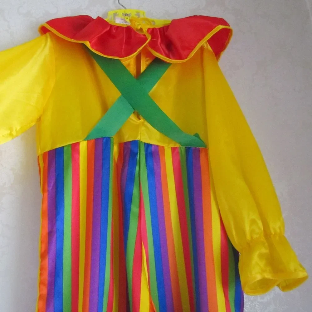 CLOWN COSTUME w WIG, KIDS M-L, RAINBOW CURLY WIG + NOSES, SCARF & SOCKS, FUN!